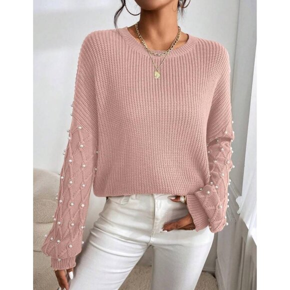 Casual Pink Pearl Round Neck Drop Shoulder - Picture 2 of 6